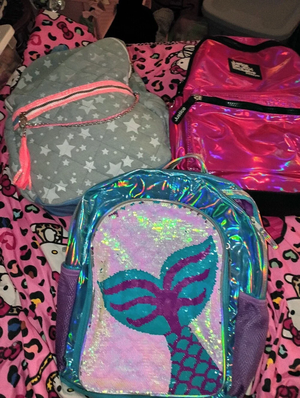 3 Justice Pink Holographic, Mermaid Sequin, & Denim Stars 3 Book Bag Bunder